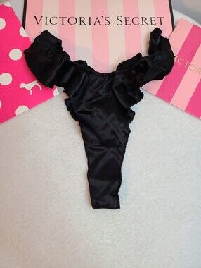 Victoria's Secret French Cut Satin Flutter Thong Panty Size M Black